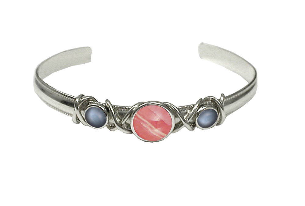 Sterling Silver Hand Made Cuff Bracelet With Rhodocrosite And Grey Moonstone